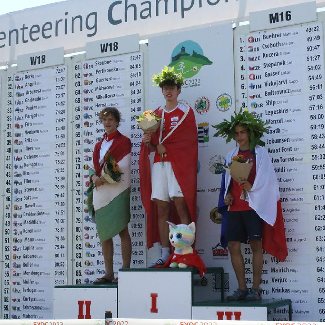 Matthieu Bührer est sur la première place du podium à côté des deuxième et troisième places